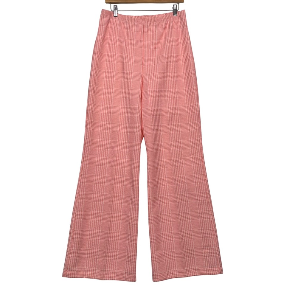 Beeline Fashions Women Pants 16 Pink Glen Plaid‎ Vintage High Waist Wide Leg 70s